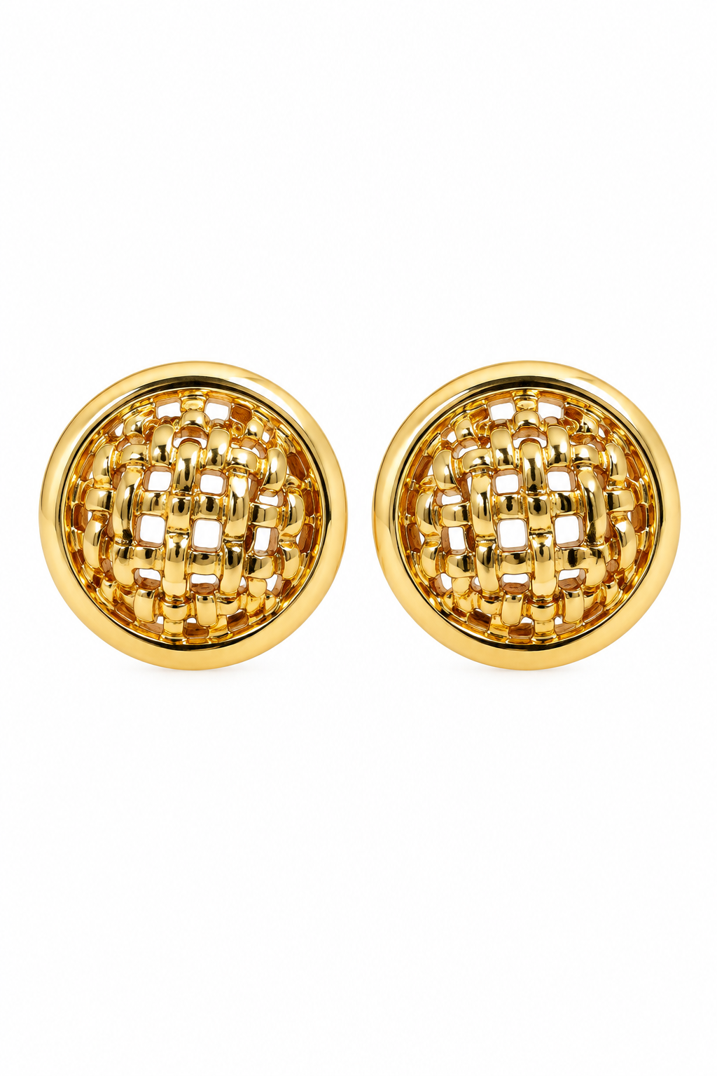 Vintage 1980s Gold-Tone Basket Weave Domed Button Stud Statement Earrings