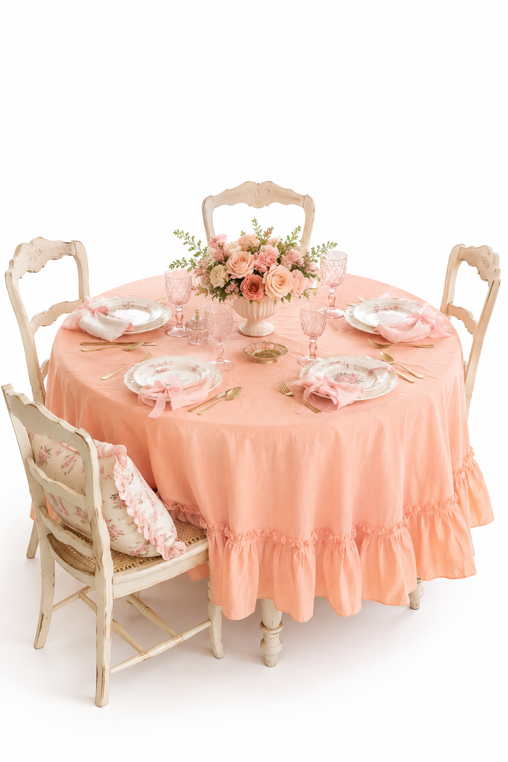 Vintage Peach Ruffled Round Tablecloth | 56” Round Before Ruffle | Cotton Blend Cottage Table Linen