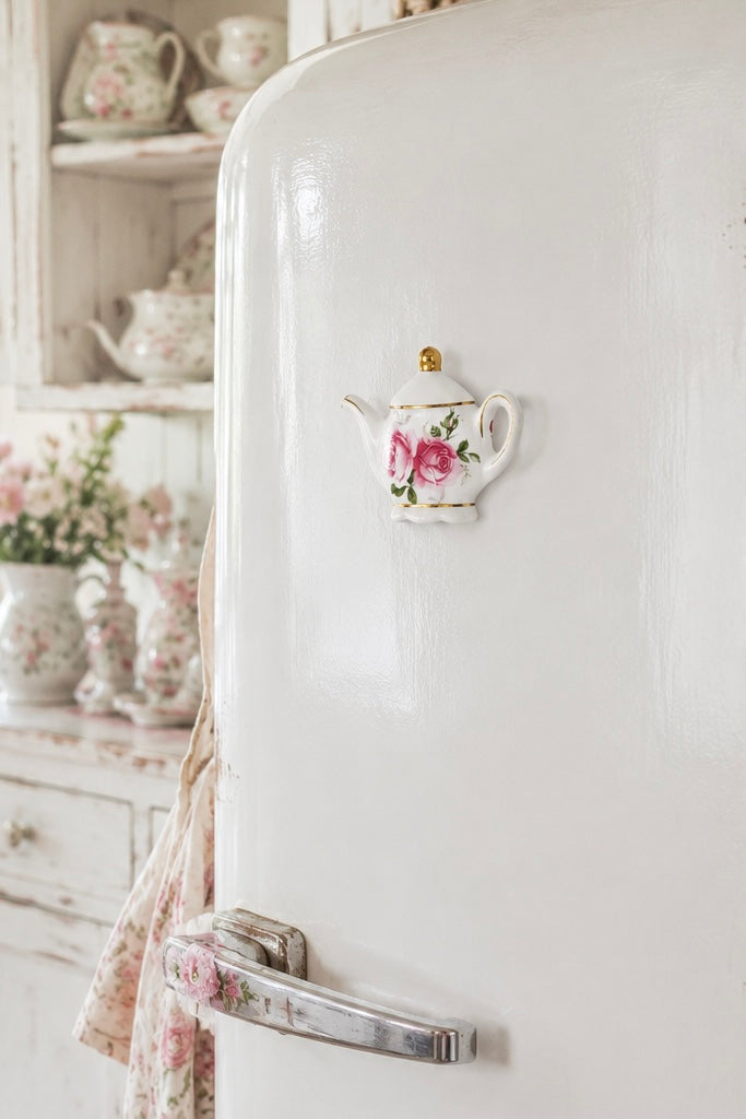 Vintage Mini Floral Teapot Fridge Magnet | Cottagecore Rose Kitchen Décor | Porcelain Style Magnet