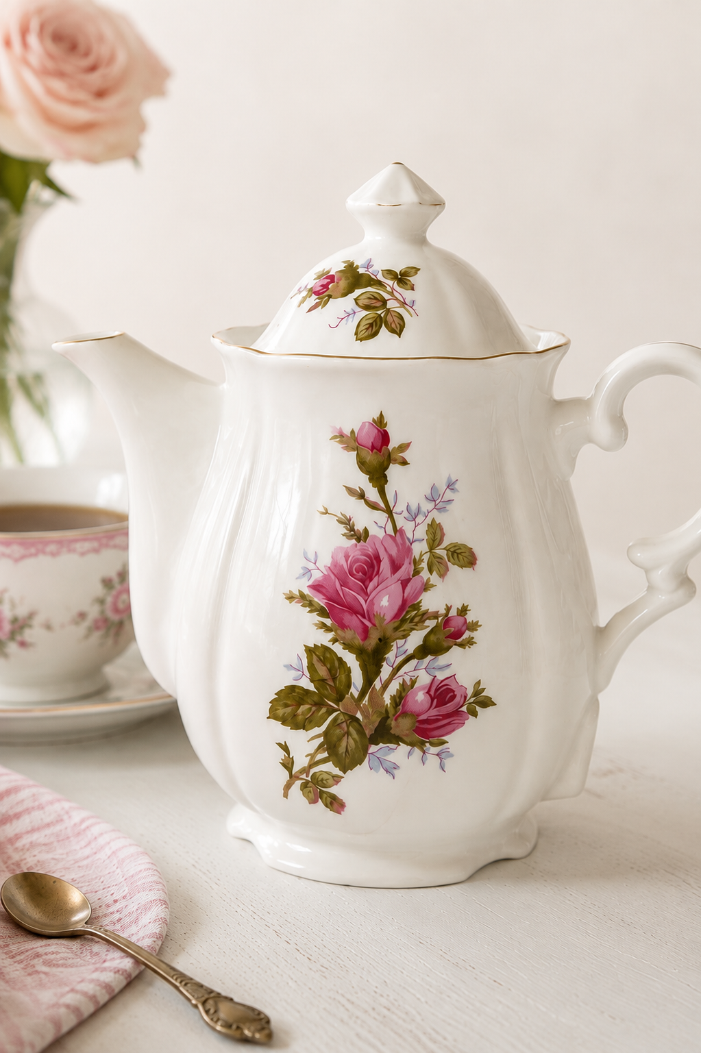 Vintage 1950s Japanese Pink Rose Porcelain Electric Teapot