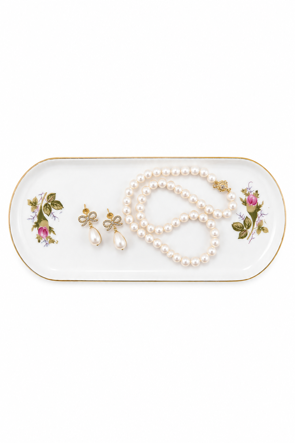 Vintage 1950s Pink Rose Porcelain Vanity & Jewelry Tray – Gold Trim