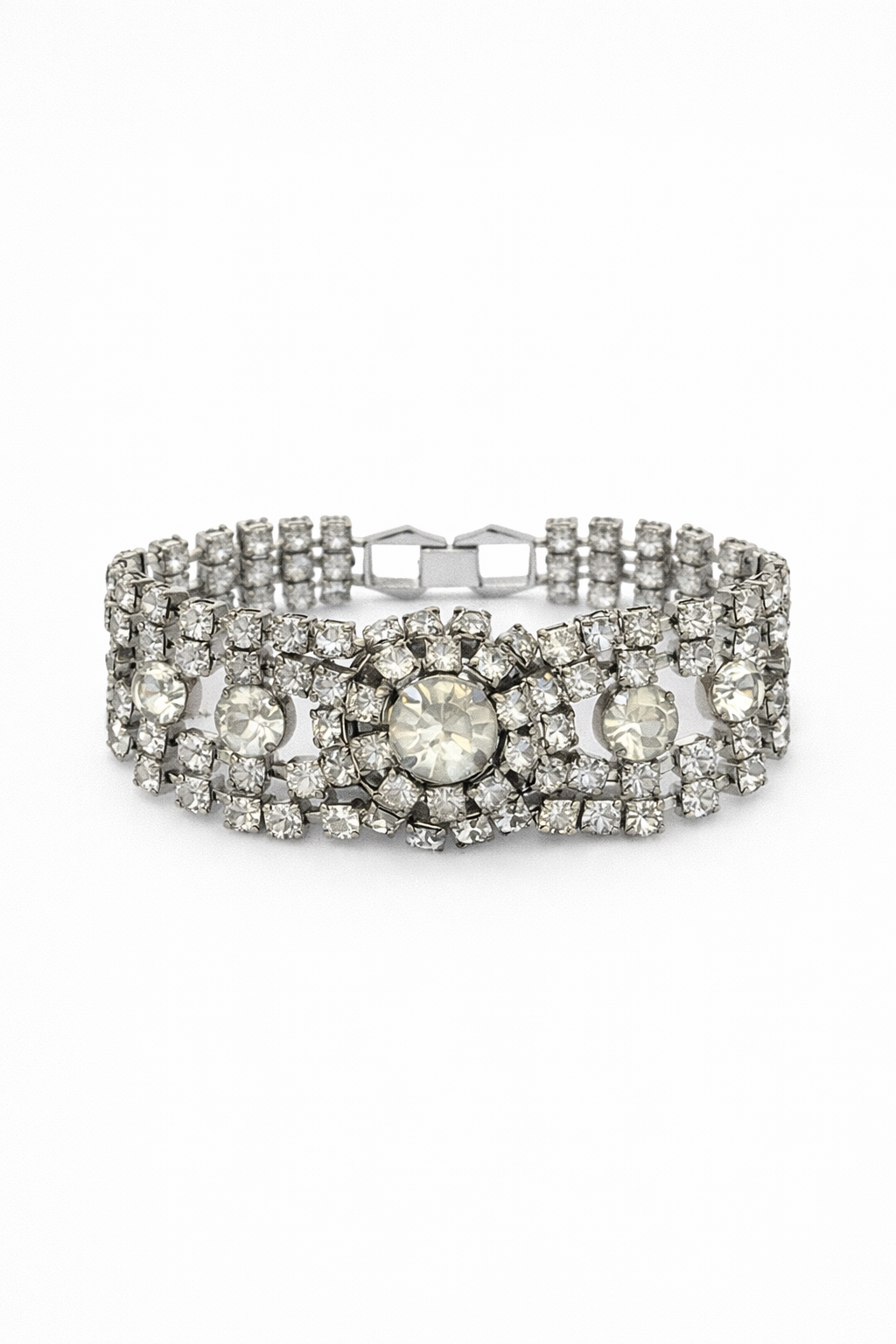 Vintage 1940s–1950s Rhinestone Bracelet | Silver-Tone Floral Cluster Design