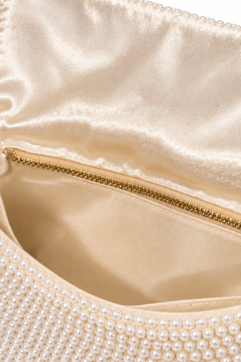 Vintage 1950s–70s Ivory Pearl Beaded Fold-Over Clutch Multi-Compartment Evening Bag