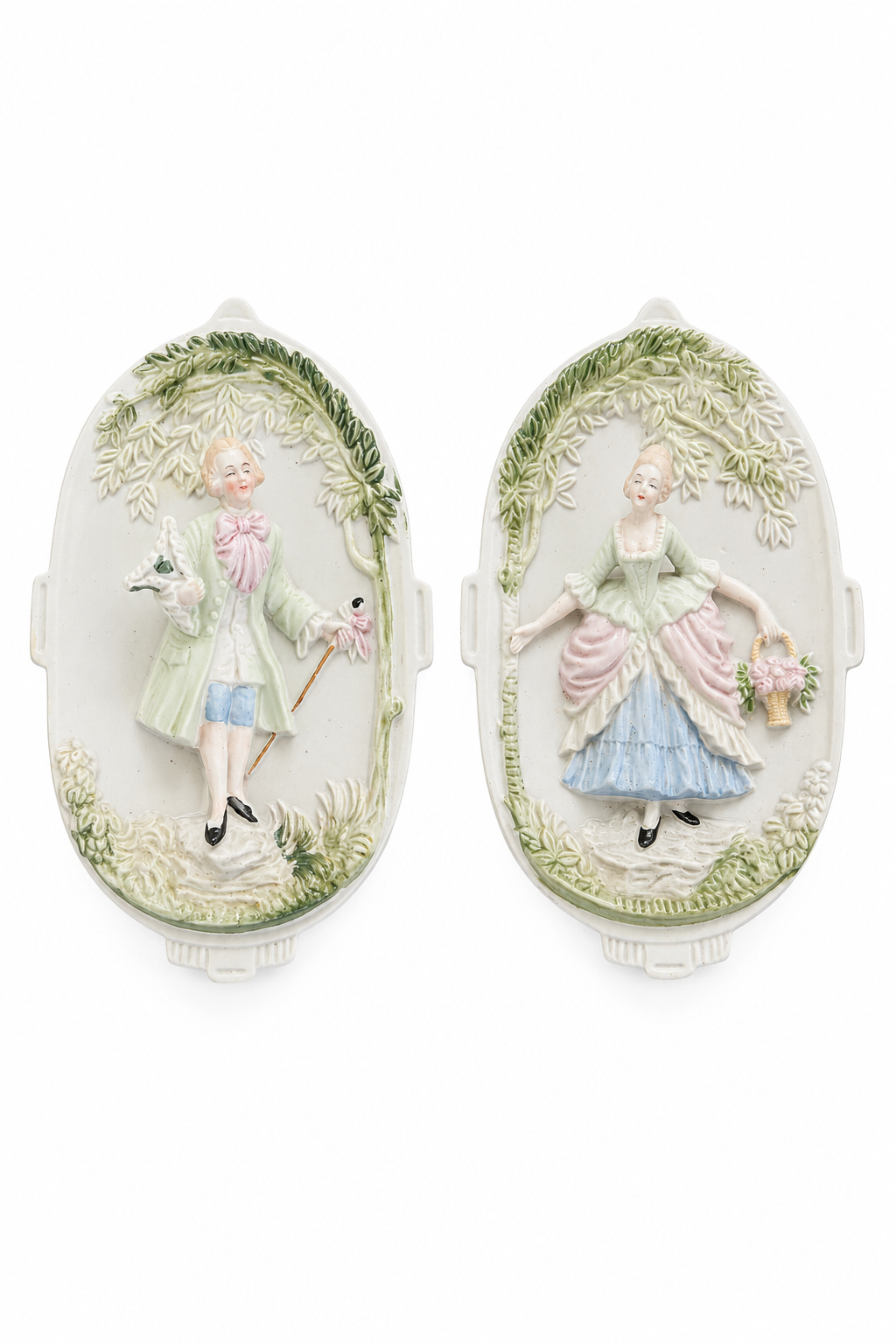 Antique 1945–1949 Chase Hand-Painted Bisque Wall Plaques | Set of 2 Rococo Victorian Couple Plaques | Romantic Cottagecore Wall Décor