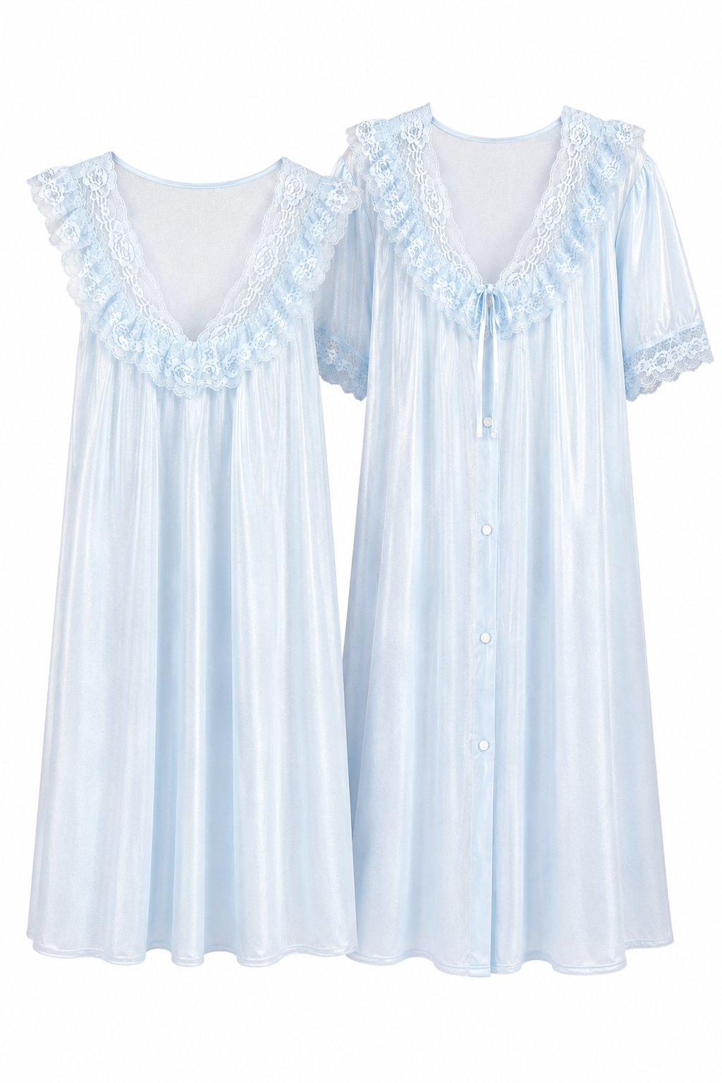 Vintage Baby Blue 2-Piece Nightgown & Peignoir Robe Set | Lace Trim - Size Large 16/18