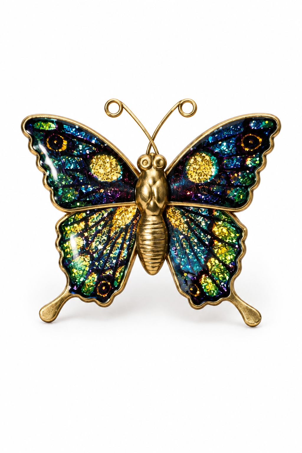 Vintage 1980s Cloisonné-Style Enamel Butterfly Brooch – Shimmering Blue Green Gold Foil Pin – 1.5”