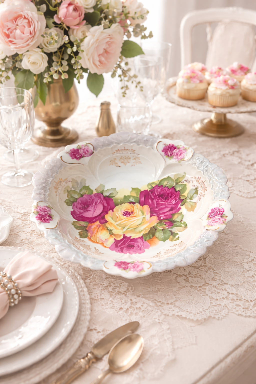 Antique German Porcelain Serving Bowl Plate (1890–1940) | Pink & Yellow Roses, Gold Trim, 10.5” Vintage Floral Dish