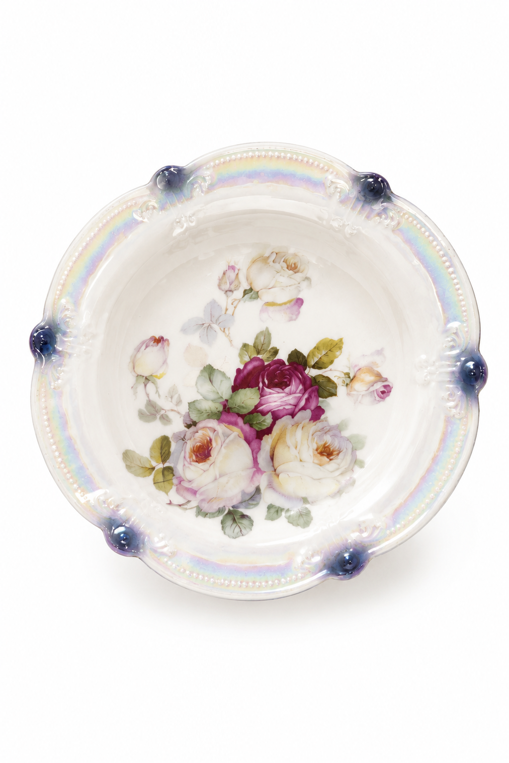 Vintage Iridescent Porcelain Rose Serving Bowl | Floral Cottagecore Decorative Bowl | Shabby Chic Centerpiece