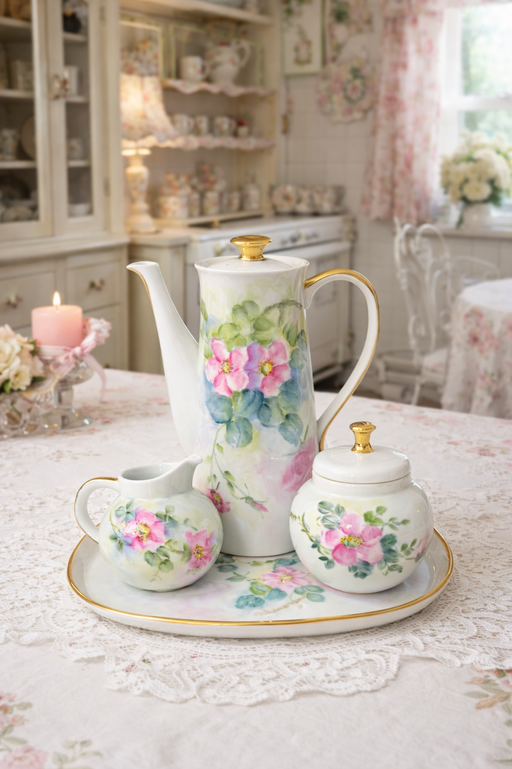 Hand-Painted Floral Coffee Set | 4-Piece Vintage-Inspired Tea Service with Gold Trim