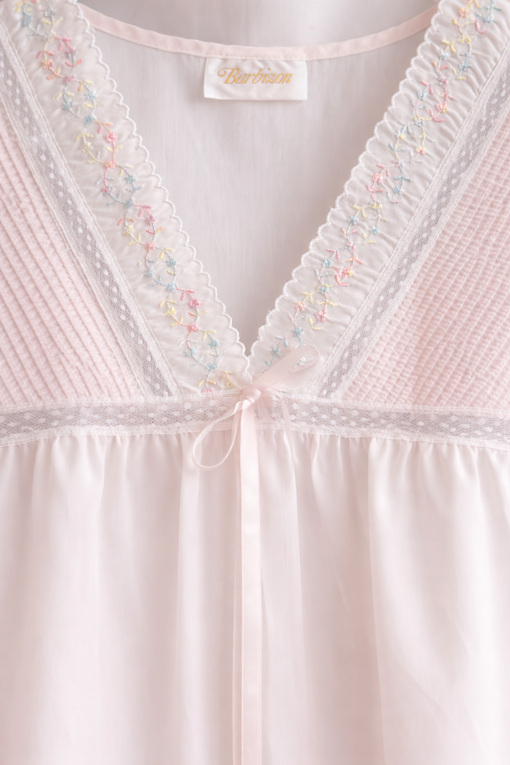 Blush Whisper Vintage Nightgown – Pastel Embroidered Lace Slip (M–L)