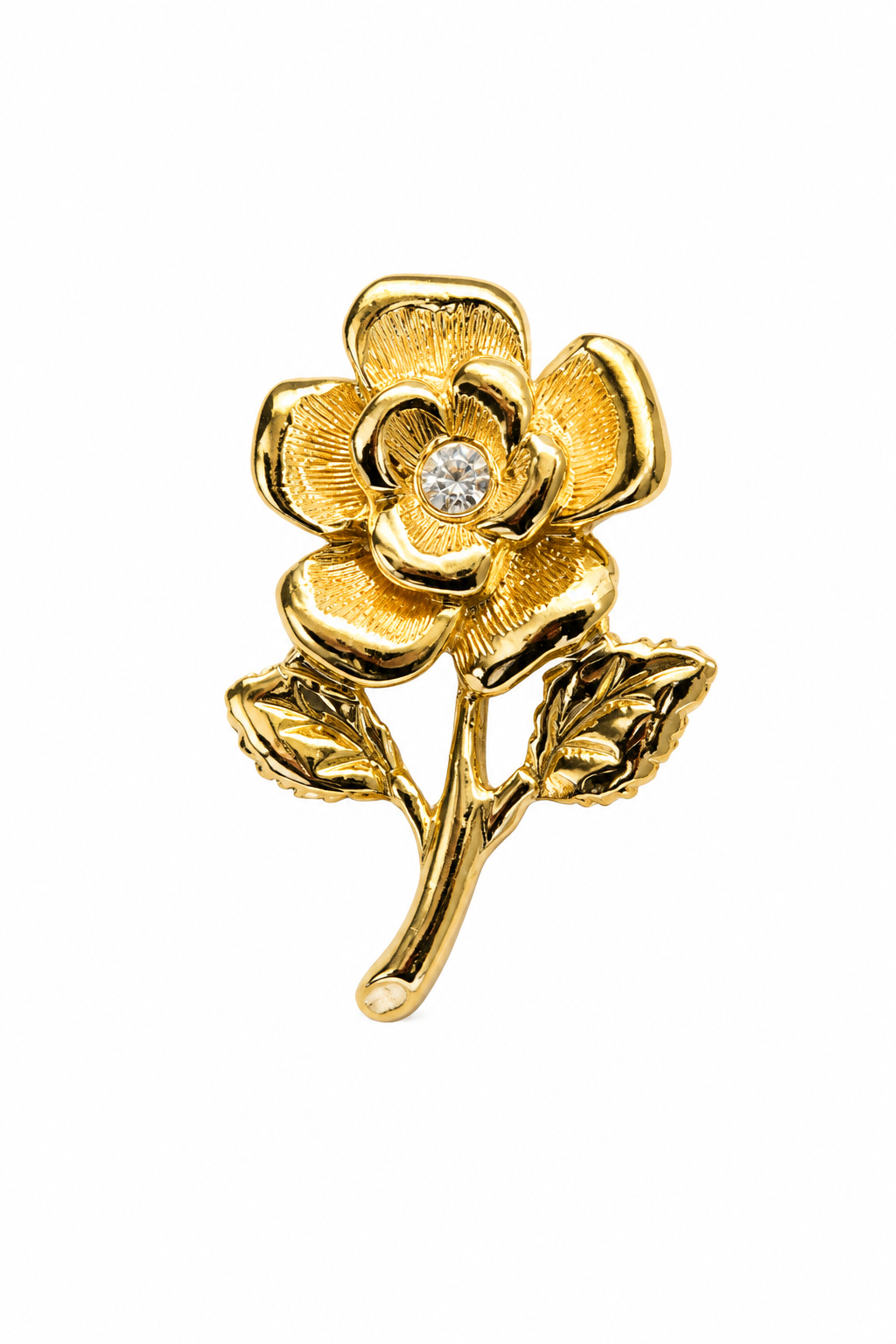 Vintage 1970s Gold-Tone Rose Brooch with Crystal Accent | Floral Flower Pin | Romantic Vintage Jewelry