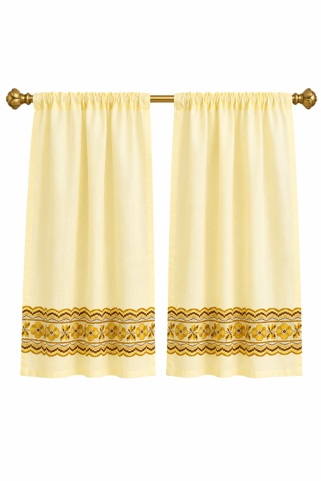 Vintage 1970s Butter Yellow Daisy Curtains | Set of 2 Retro Kitchen Window Panels