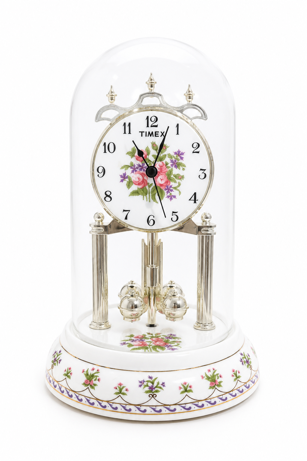 Vintage 1990s Timex Glass Dome Clock with Pendulum, Chime & Floral Porcelain Base