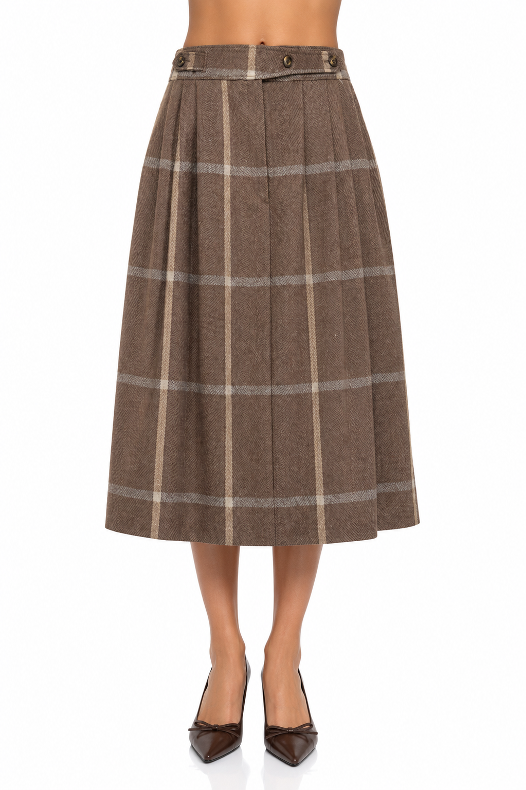 Vintage 1970s-80s Crofton Pure Wool Brown Plaid Pleated Midi Skirt | Size 10