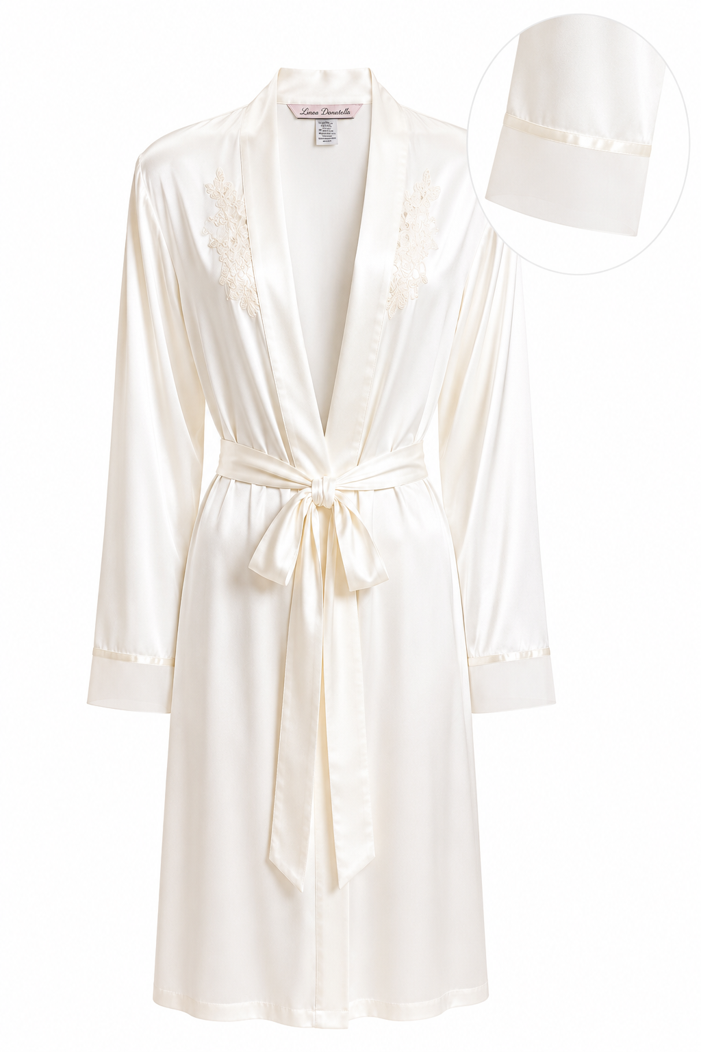 Vintage Linea Donatella Ivory Satin Robe | Romantic Lace Trim Lounge Robe | Bridal Boudoir Cottagecore Robe | Size L/XL