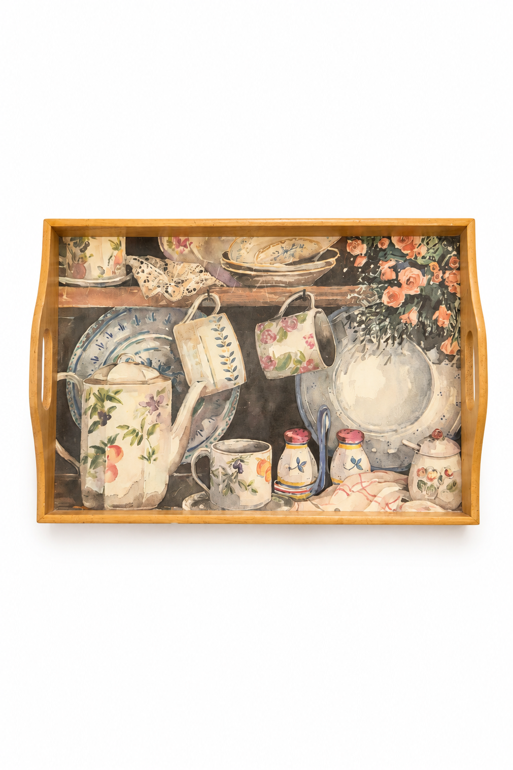 Vintage 1990s Cottagecore Wooden Serving Tray – Shabby Chic Floral Tea Party Kitchen Tray