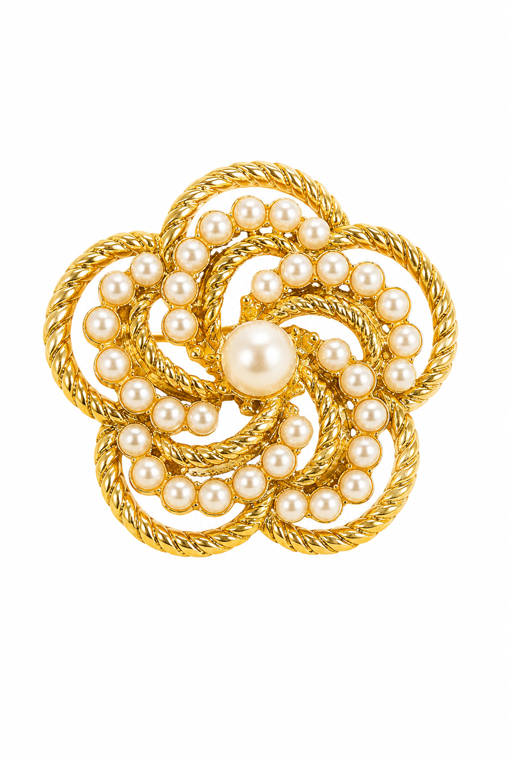 Vintage 1960s Hollywood Regency Gold-Tone Faux Pearl Flower Brooch
