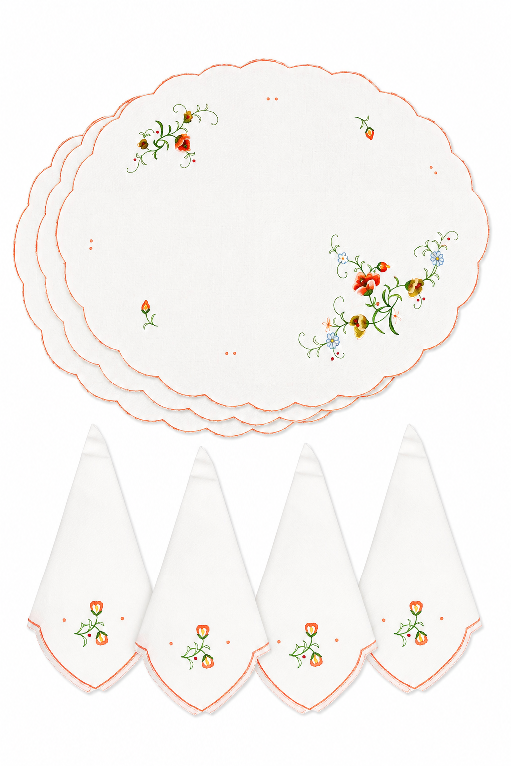 Vintage Embroidered Cotton Placemat & Napkin Set | Set of 4 Placemats & 4 Napkins | 1980s Cottagecore Table Linens