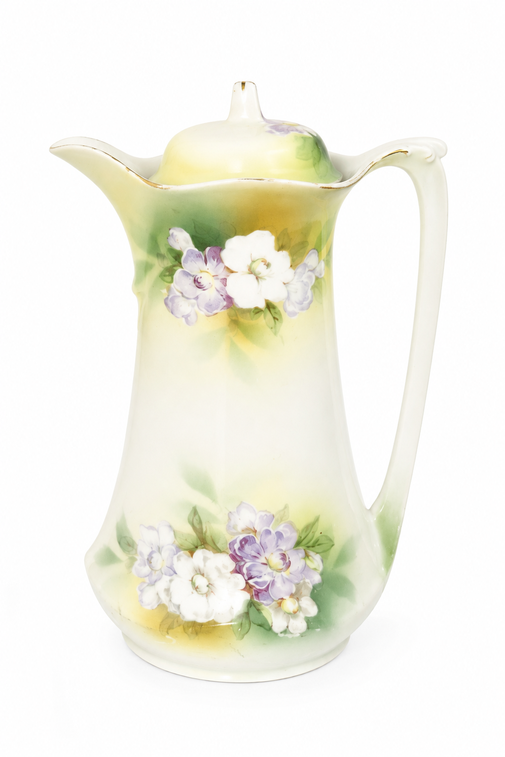 Antique R.S. Prussia Porcelain Chocolate Pot – Hand Painted Purple & White Florals, Circa 1910–1938