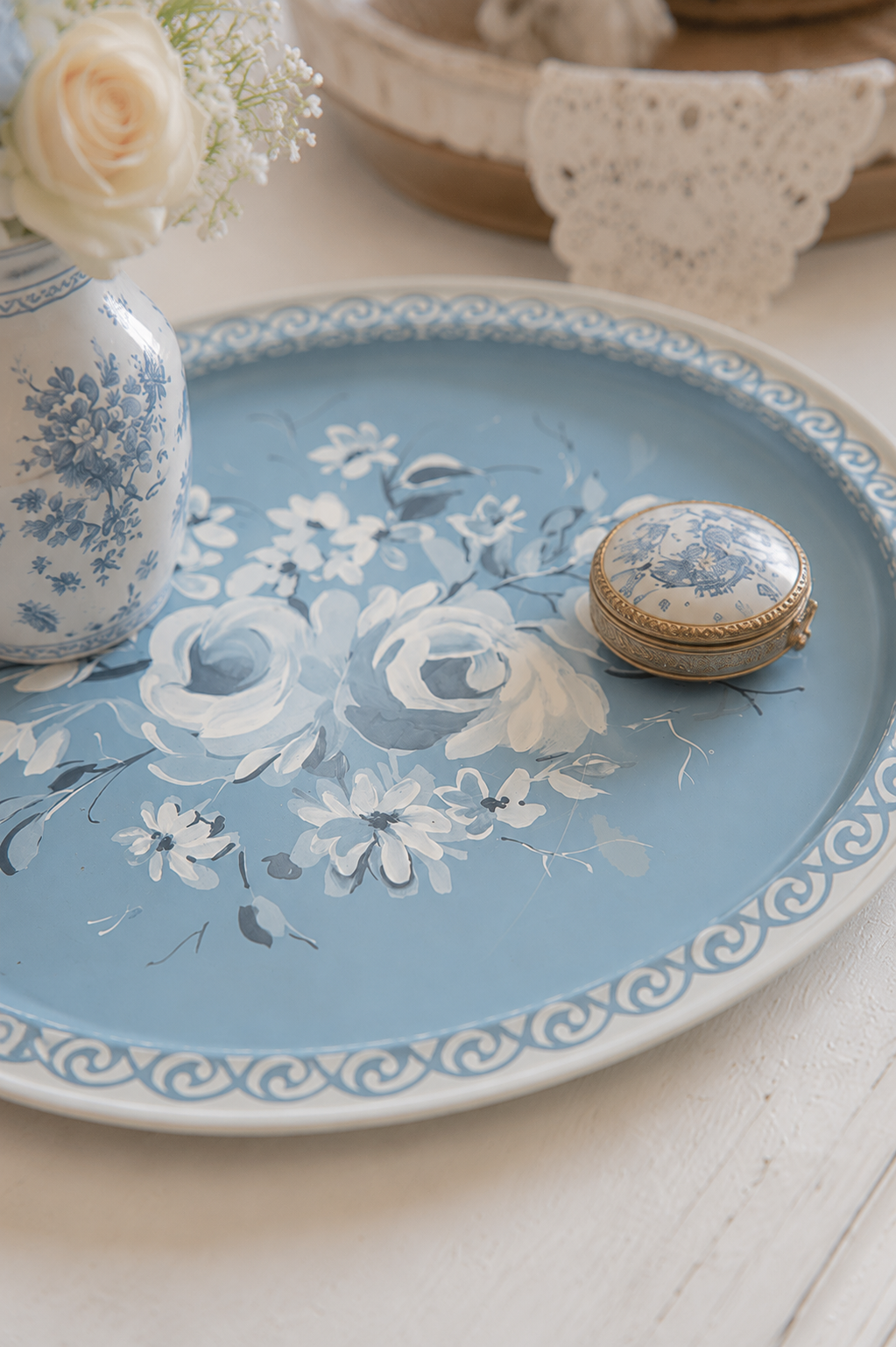 Vintage 1950s–1960s Blue Floral Toleware Metal Serving Tray | Cottage Chic Oval Tin Tray | Hand-Painted Style