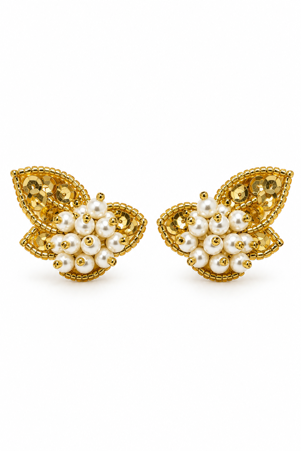 Vintage 1991 Avon Gold Sequin & Faux Pearl Floral Statement Stud Earrings