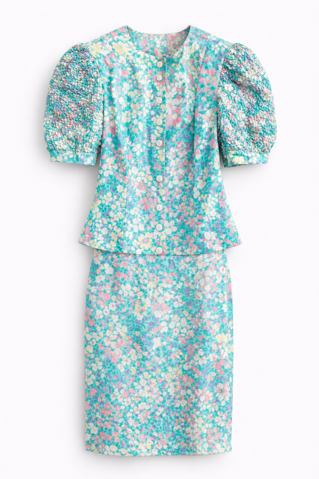 Garden Party 1980s Vintage Two-Piece Set | Pastel Floral Puff Sleeve Blouse & Skirt (XS–S)