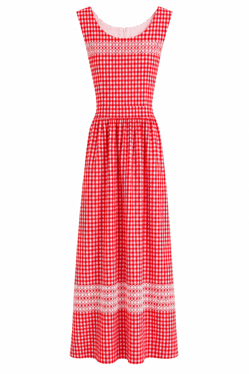 Vintage Red Gingham Apron Maxi Dress | Handmade Cottagecore Prairie Dress | Lace Trim Picnic Dress | XS–Small