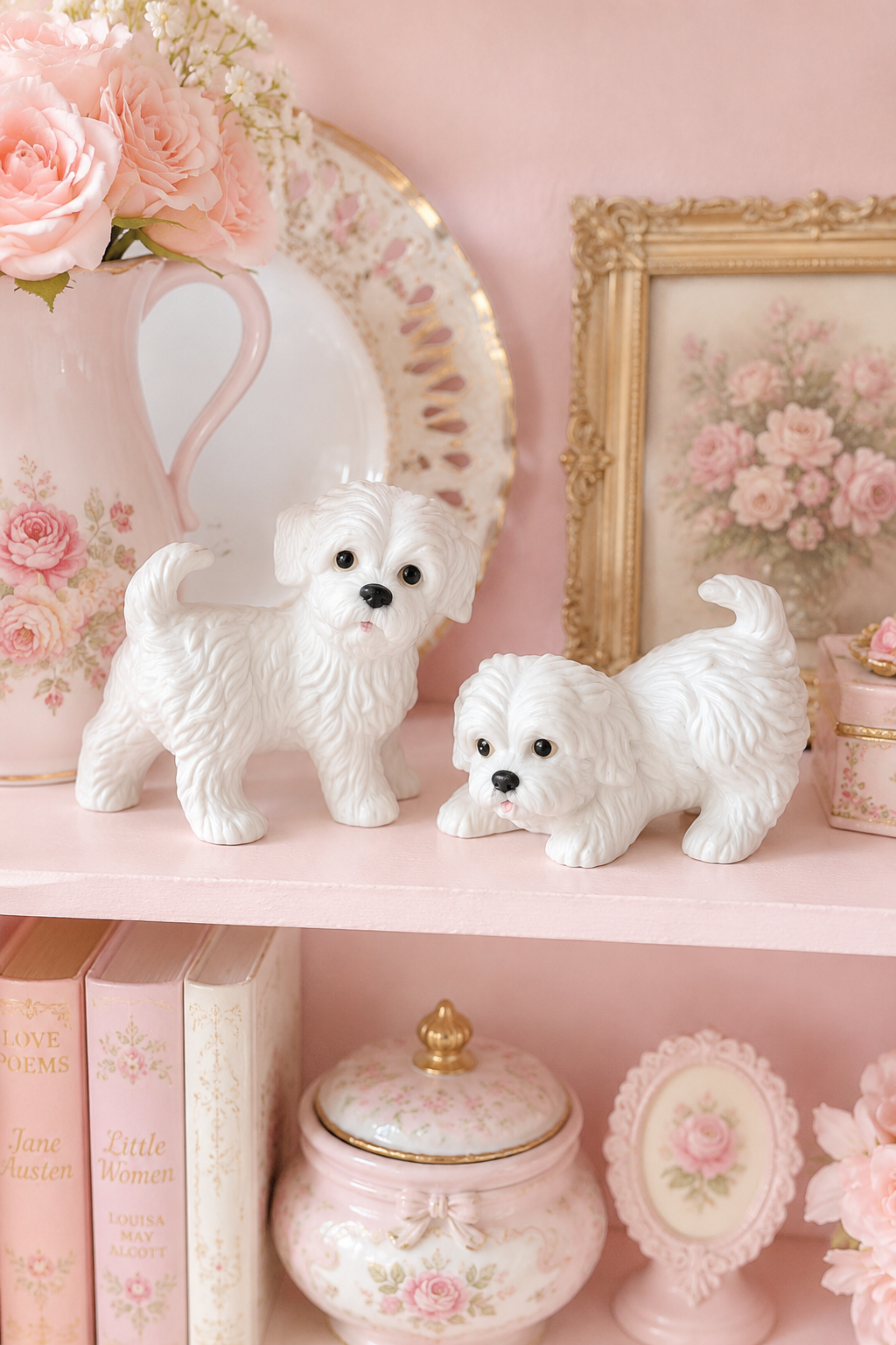 Vintage 1980s HOMCO Maltese Puppy Figurines | Set of 2 White Porcelain Dogs | Cottagecore Nursery Decor