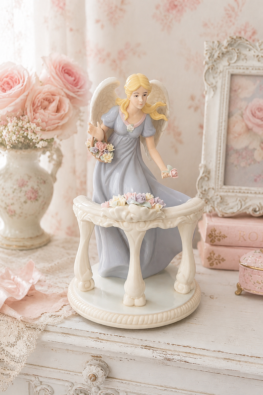Vintage 2005 Member’s Mark Porcelain Angel Figurine with Flower Balustrade, Hand Painted