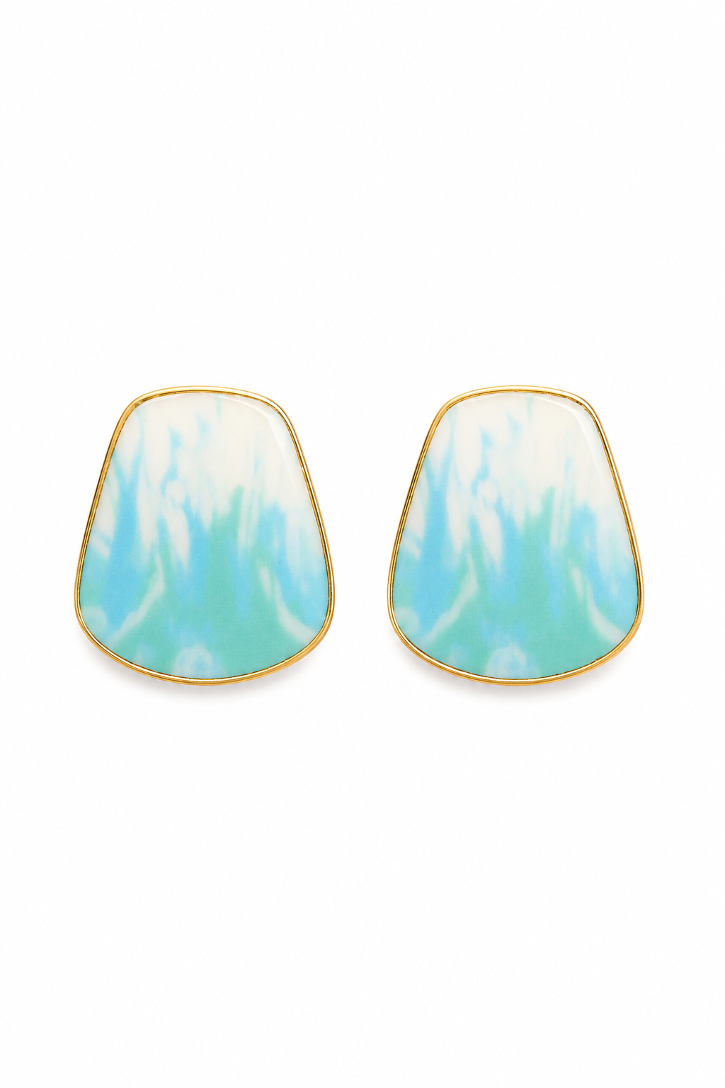 Vintage 1990s Light Blue Swirl Resin Clip-On Earrings Gold Tone Geometric Statement