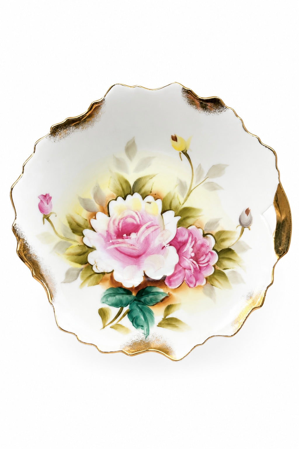 Antique Hand-Painted Porcelain Floral Bowl Plate | Pink Roses & Gold Trim | Cottage Chic Decor
