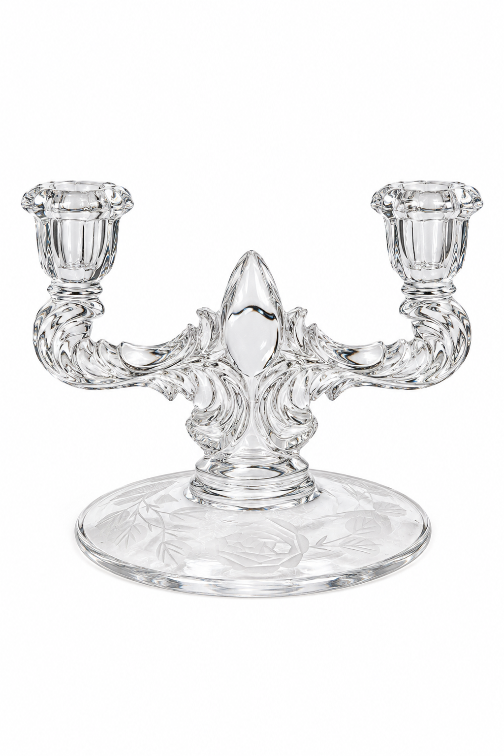 Vintage 1940s WWII Era Crystal Glass Double Candle Holder – Etched Rose Two-Arm Candelabra
