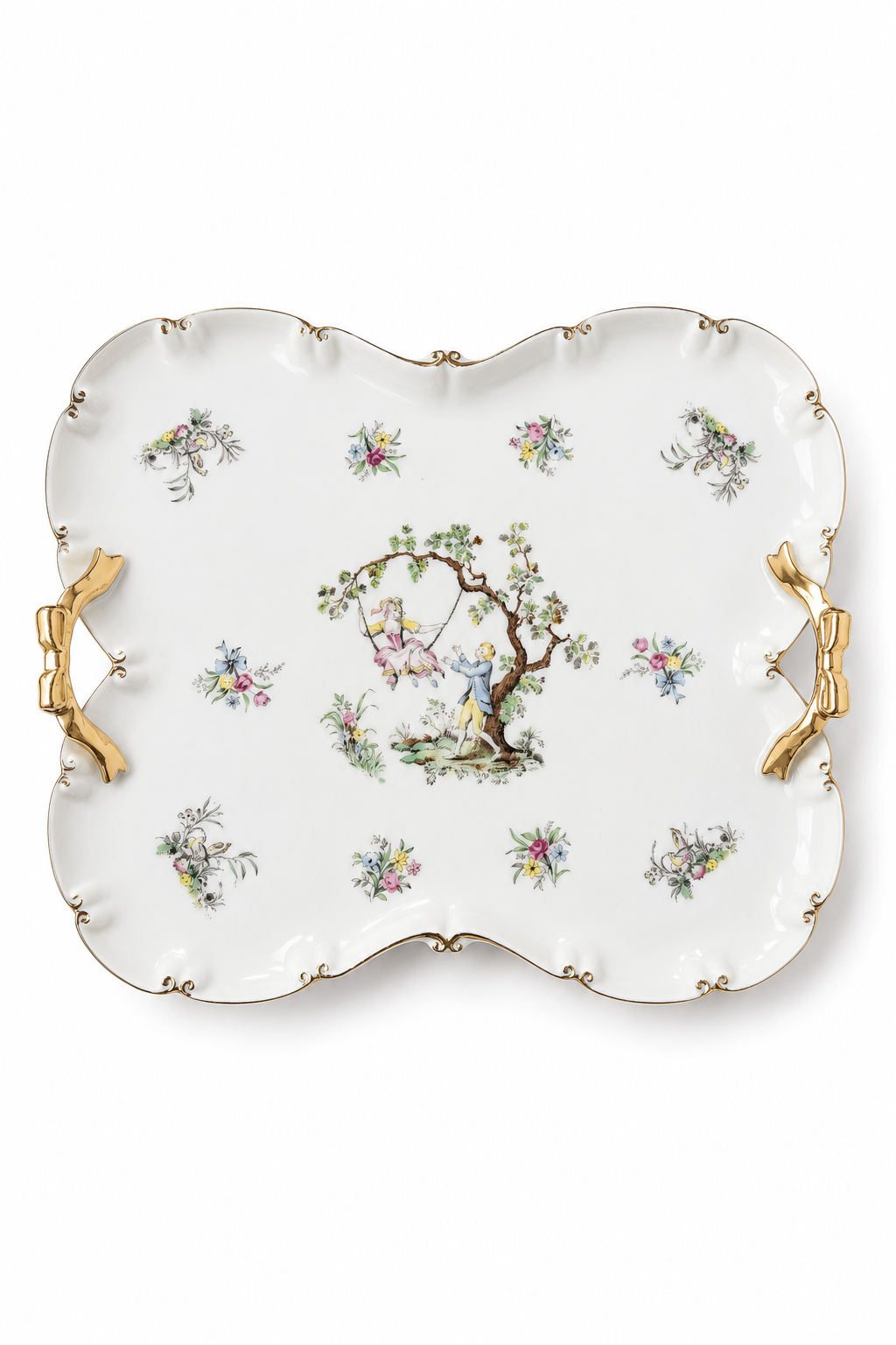 Vintage Fragonard Style Porcelain Vanity Tray | Romantic Courting Couple Serving Tray | Gold Bow Handles | 12” x 10”