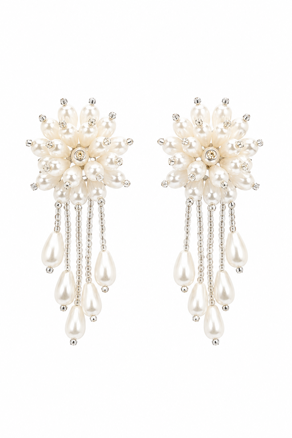 Vintage 1950s Faux Pearl Cluster Chandelier Earrings White Beaded Statement Earrings