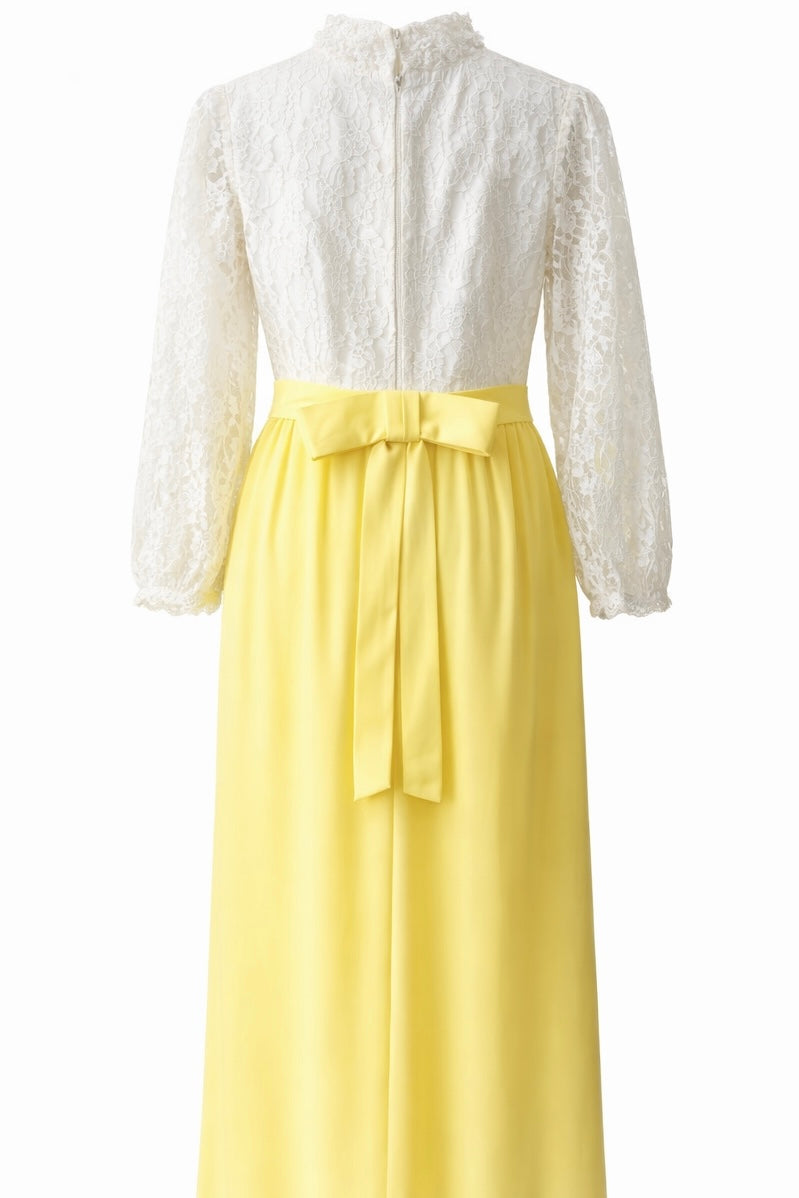Buttercup Lace 1960s Vintage Dress – Ivory Lace & Yellow Maxi Gown (XS–S)