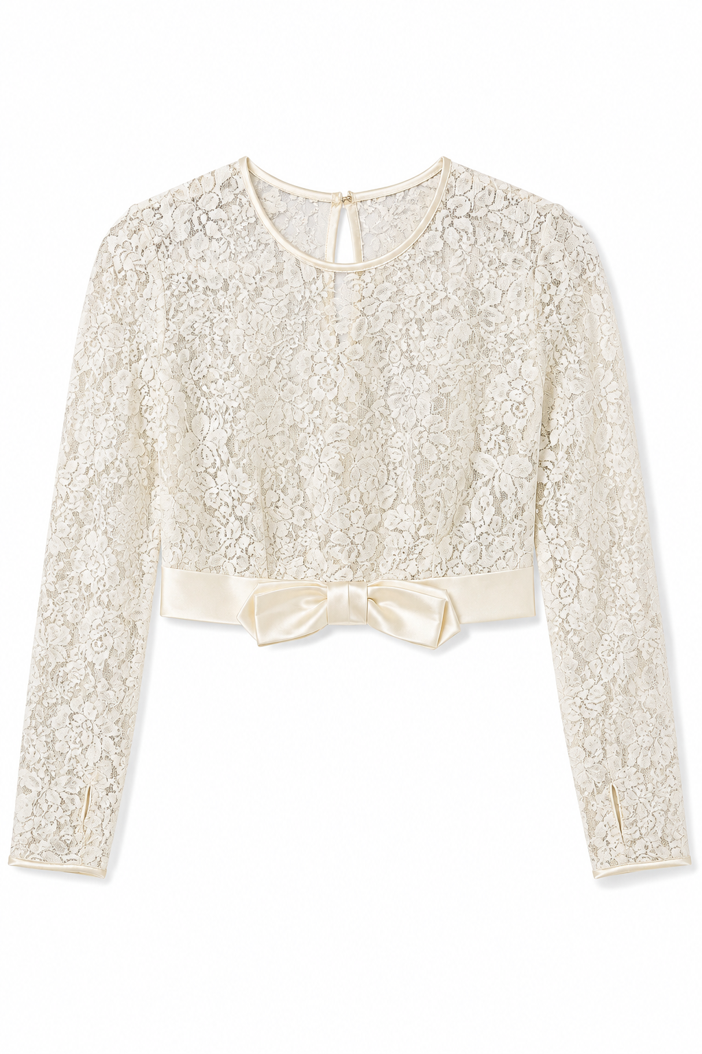 Vintage Ivory Sheer Floral Lace Cropped Top with Satin Bow β Romantic Bridal Coquette β Fits Small