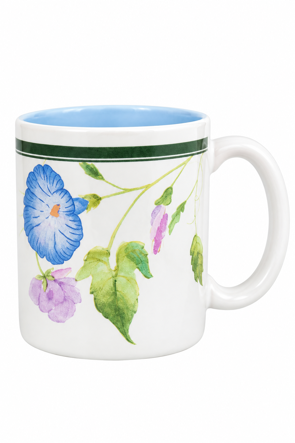 Vintage 1980s Blue & Purple Floral Ceramic Coffee Mug