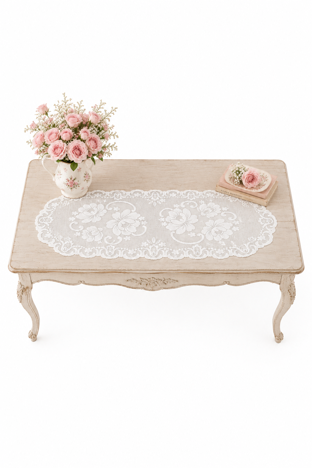 Vintage White Lace Rose Table Runner | Romantic Cottagecore Floral Lace Centerpiece