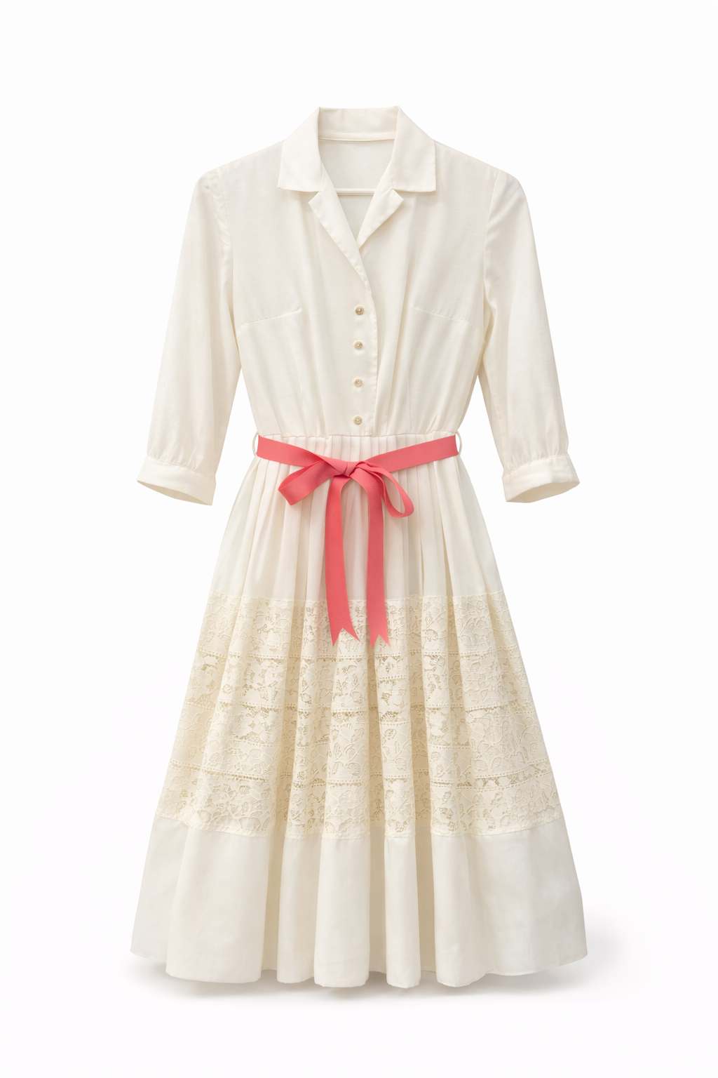 Vintage 1950s–1960s White Lace Dress with Pink Ribbon | Romantic Spring / Bridal Dress
