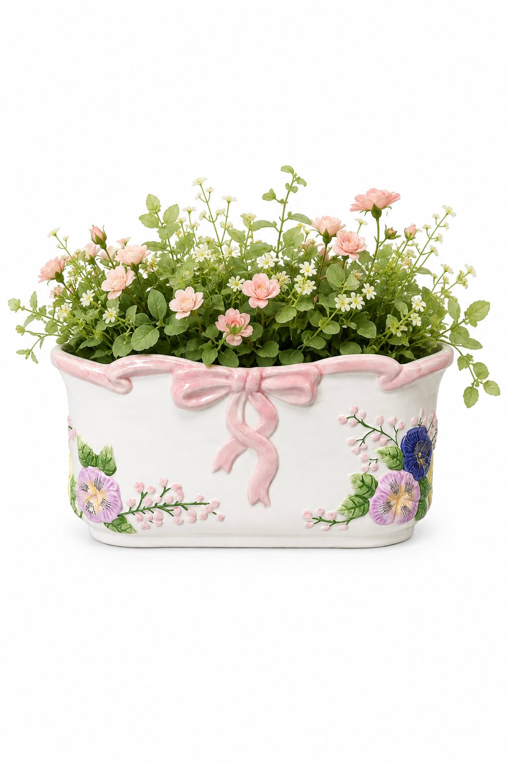 1980s LBK Floral Planter Pot with Pink Bow | Shabby Chic Ceramic Cachepot