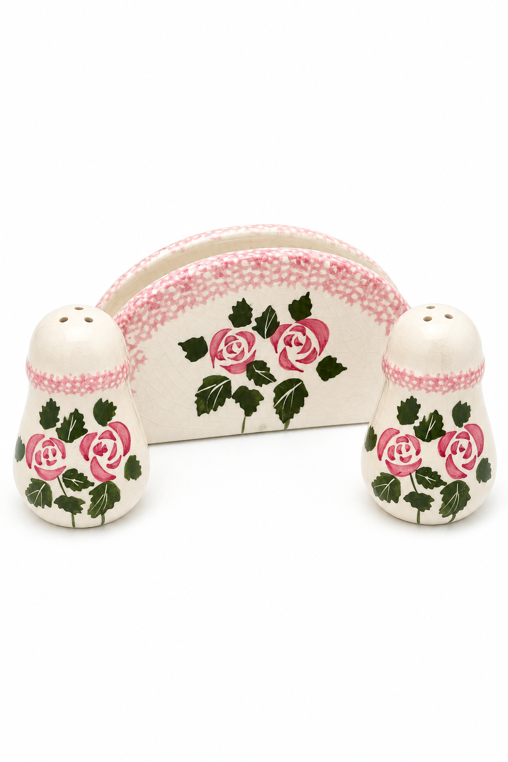 Vintage 1980s Ceramic Napkin Holder & Salt & Pepper Shaker Set | Pink Rose Floral | Cottagecore | English Country Décor