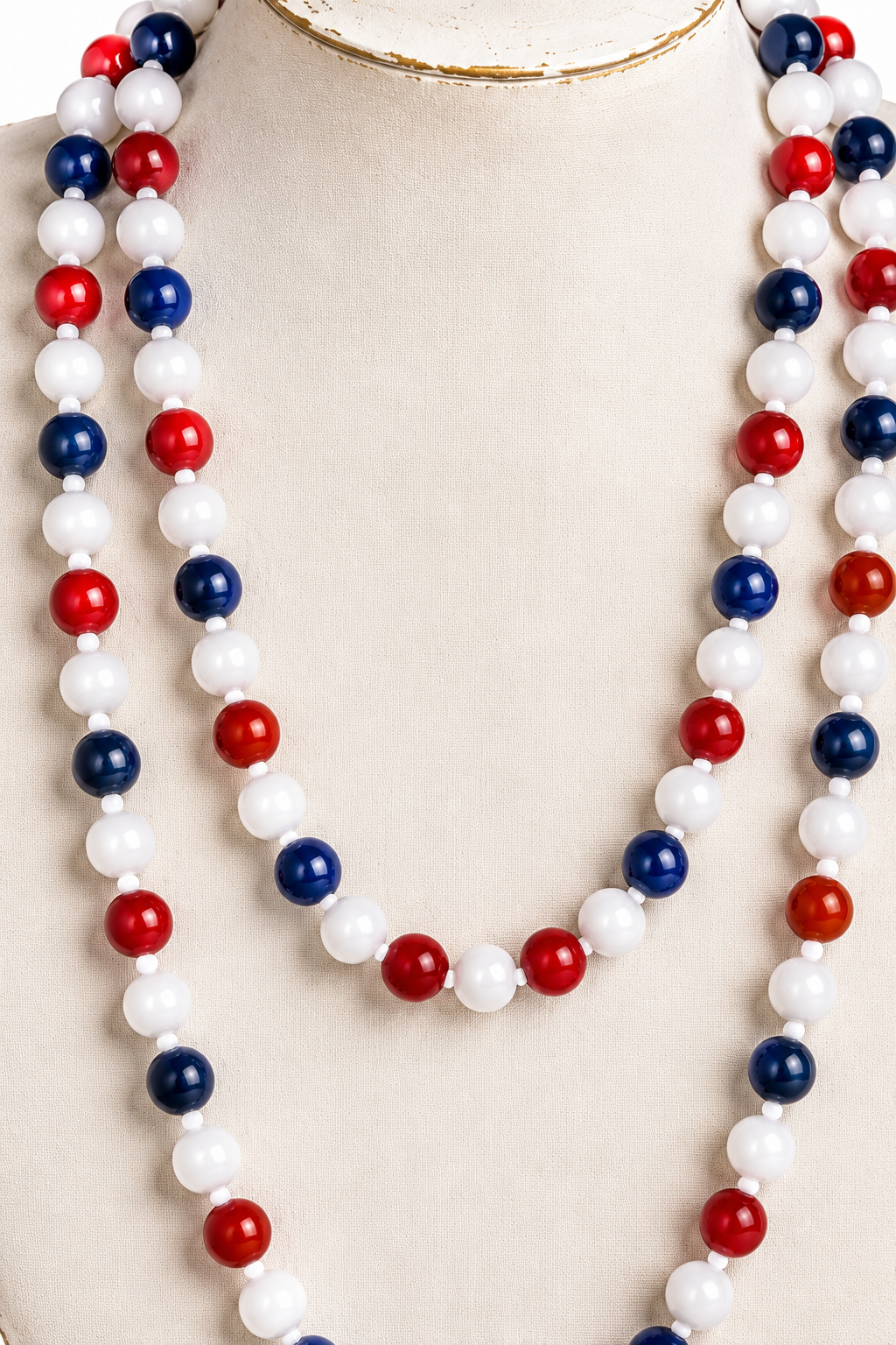 Vintage Red, White & Blue Beaded Necklace | Patriotic Double-Strand Statement Necklace | 46” Long
