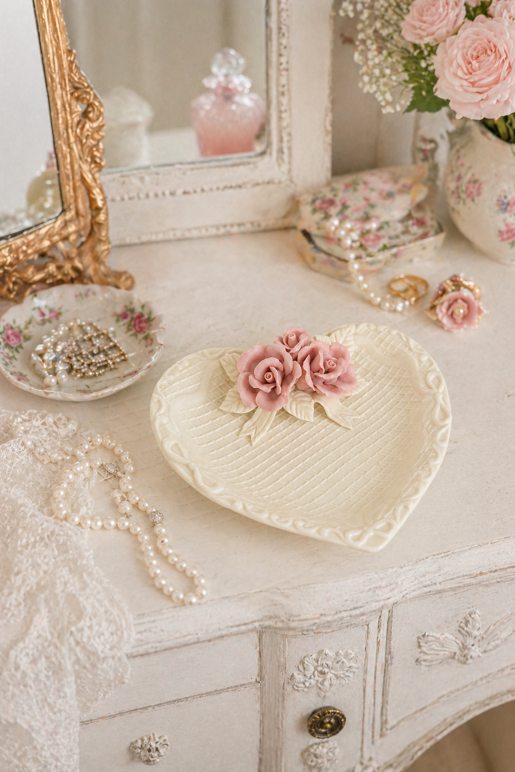 1980s Porcelain Heart Jewelry Dish | Vintage Rose Trinket Tray