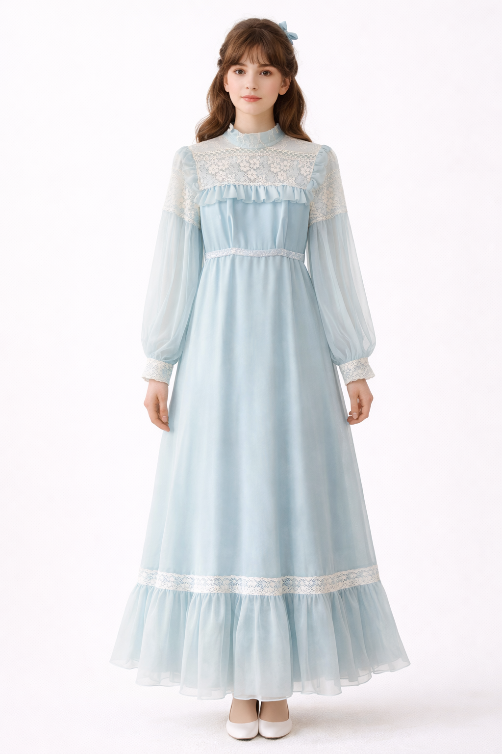 Vintage 1970s Light Blue Lace Maxi Dress | Sheer Sleeves, Romantic Prairie Style | Size XS/S