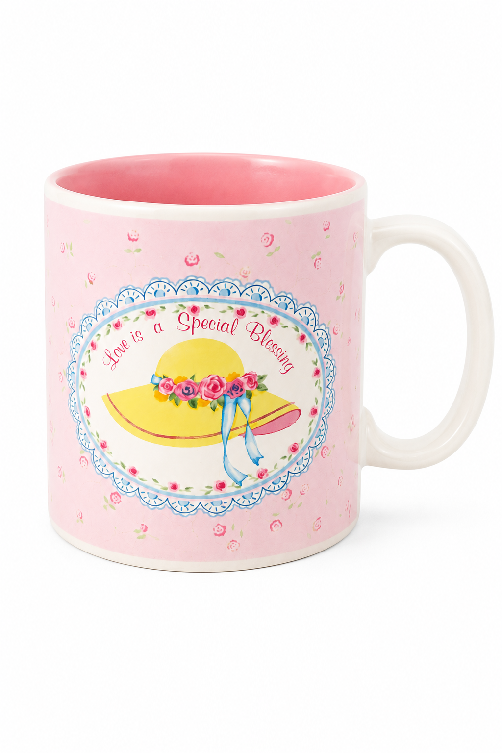 Vintage “Love Is a Special Blessing” Pink Floral Coffee Mug Cottagecore Shabby Chic Tea Cup