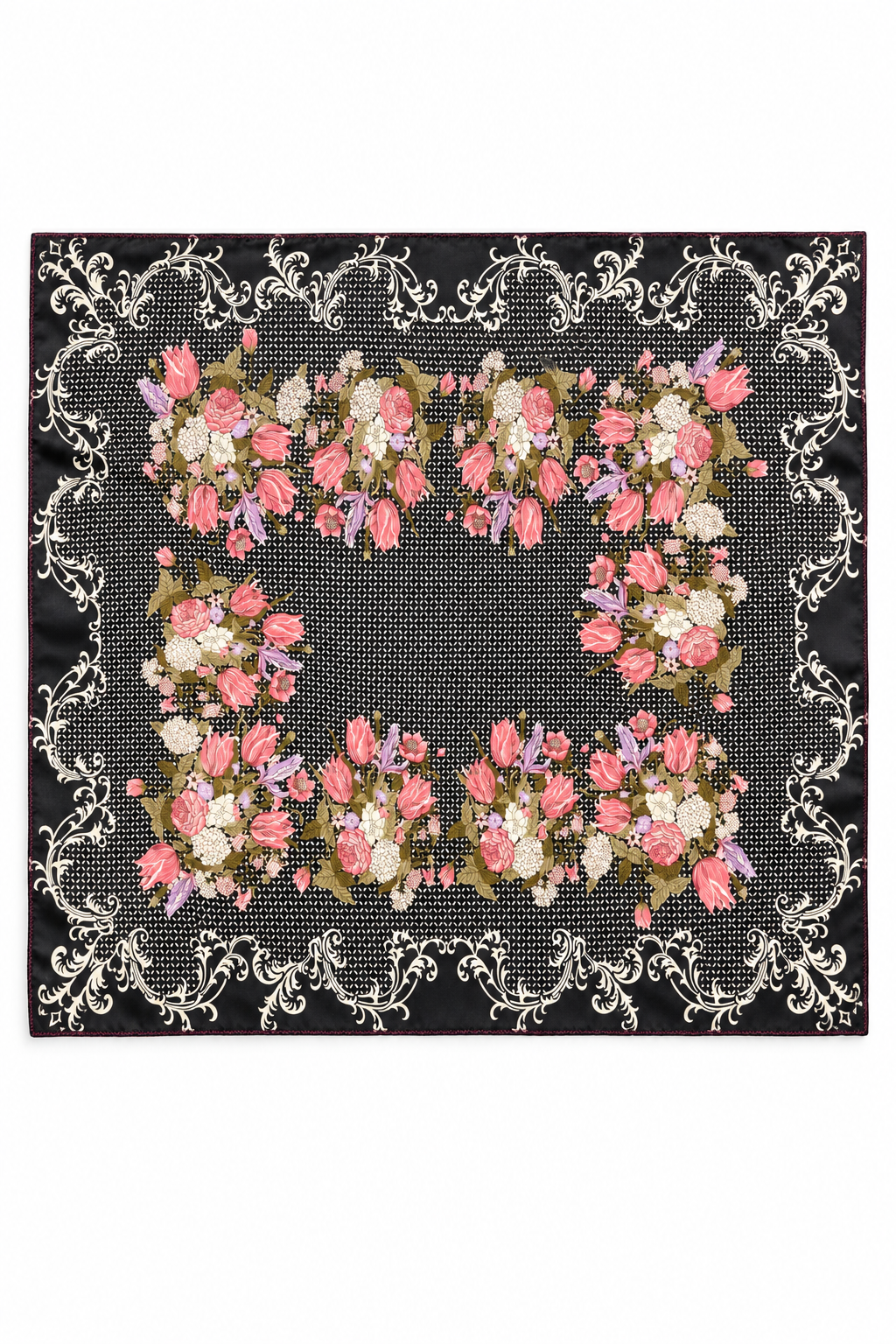Vintage Black & Pink Floral Satin Scarf | Romantic Rose Print Square Head Scarf