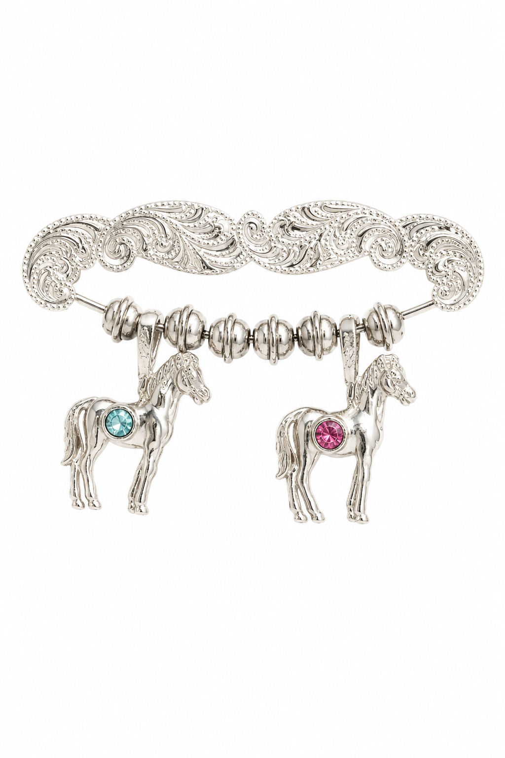 Vintage 1950s–1980s Western Silver-Tone Equestrian Horse Dangle Brooch with Rhinestones