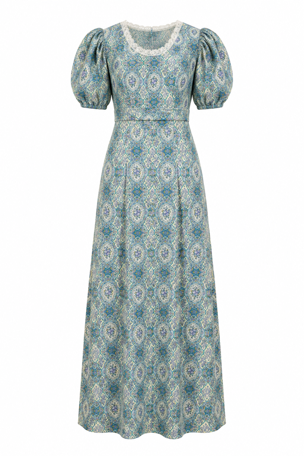Vintage Handmade Green Puff Sleeve Cottage Dress | Romantic Prairie Midi Dress | Size XS/S