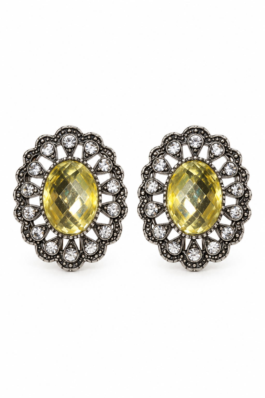 Vintage 1930s–1950s Yellow Rhinestone Statement Clip-On Earrings – 1.25”