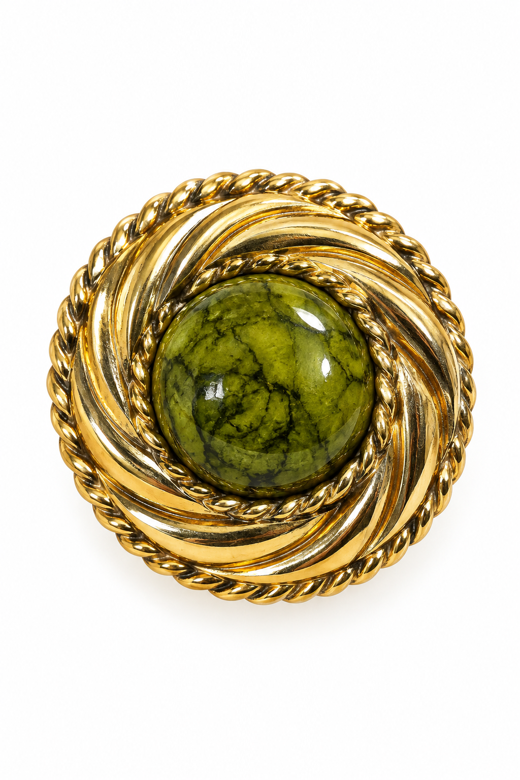 Vintage 1980s Gold-Tone Marbled Green Cabochon Statement Brooch